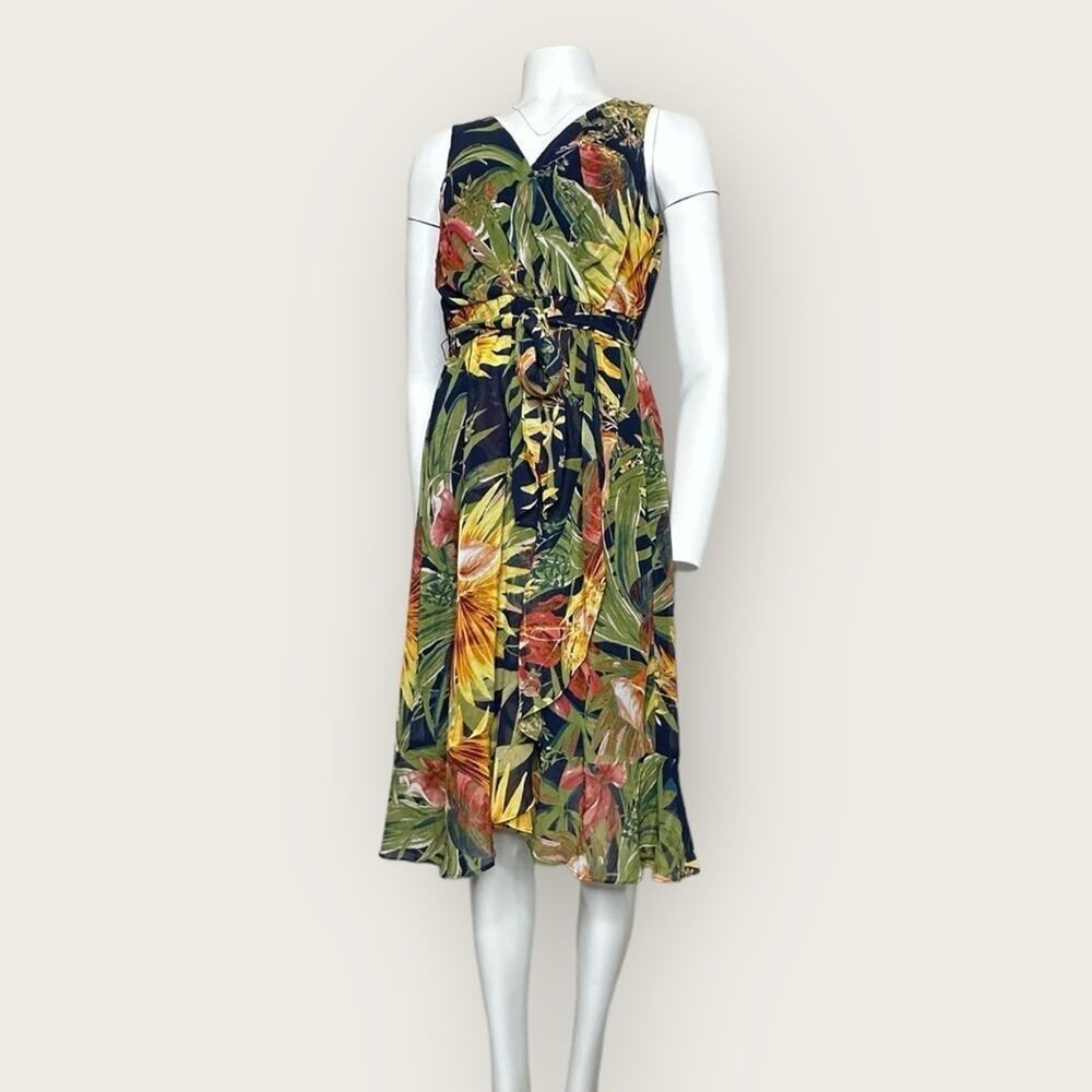 NWT | Melrose | Tropical Sleeveless Belted Ruffle Midi Dress | Multicolor | 4